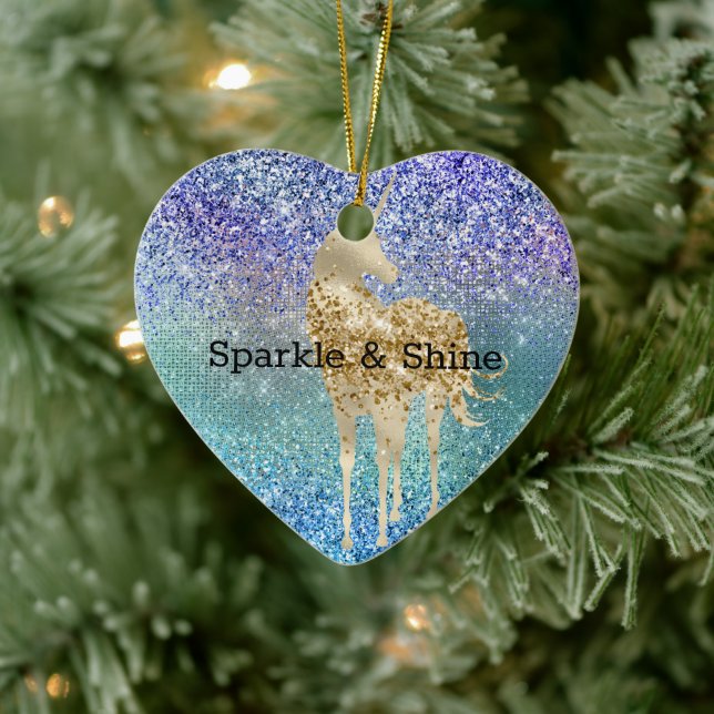 Aqua Purple Glitter Sparkle Gold Unicorn Ceramic Ornament (Tree)