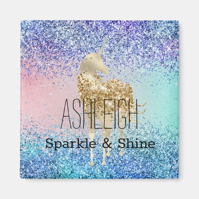 Aqua Purple Glitter Sparkle Gold Unicorn Magnet (Front)