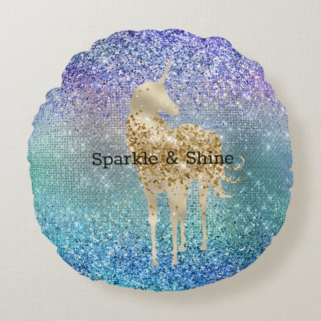 Aqua Purple Glitter Sparkle Gold Unicorn Round Pillow (Front)