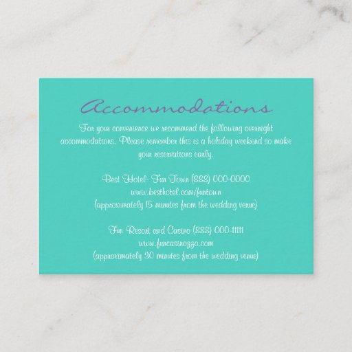 Customizable Aqua Purple Insert Reception & Accommodation Cards Business Card Template