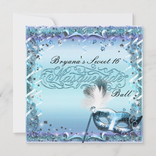 Aqua  Purple Masquerade Mask Birthday Party Invitation