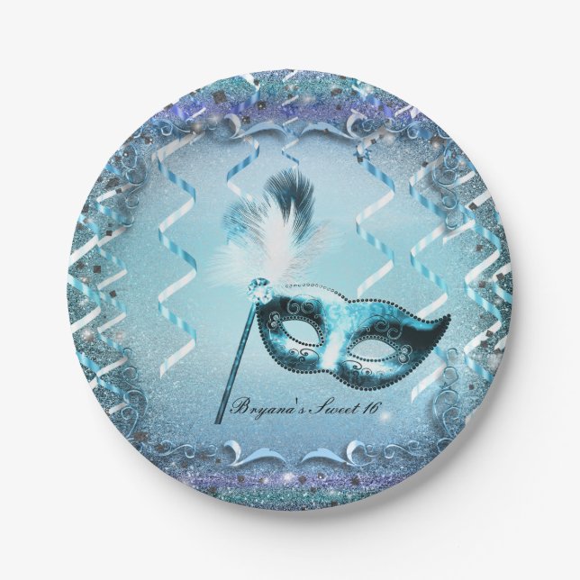 Aqua & Purple Masquerade Mask Elegant Ball Party Paper Plates (Front)