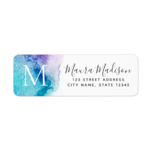 Aqua purple watercolor monogram return address label