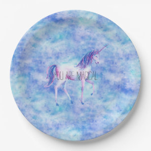 Aqua Purple White Unicorns Birthday Paper Plates