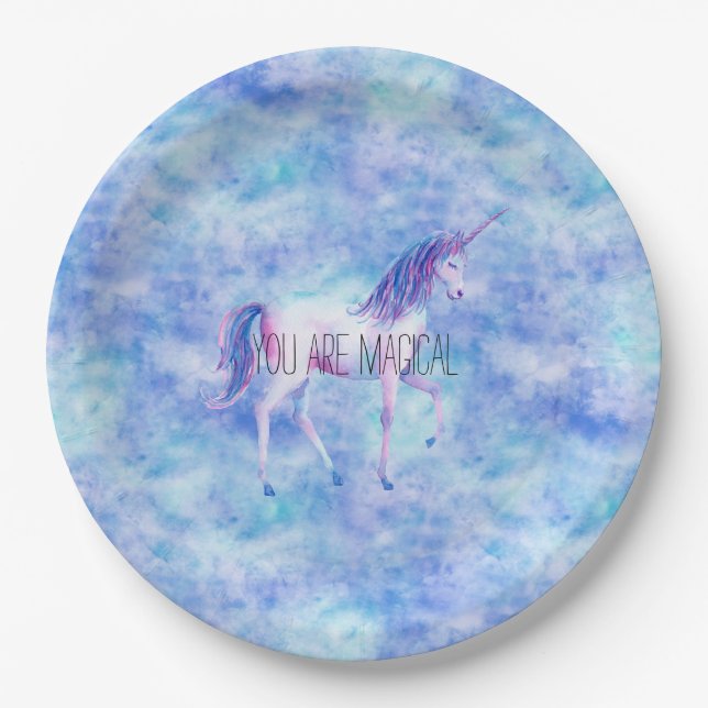 Aqua Purple White Unicorns Birthday Paper Plates (Front)