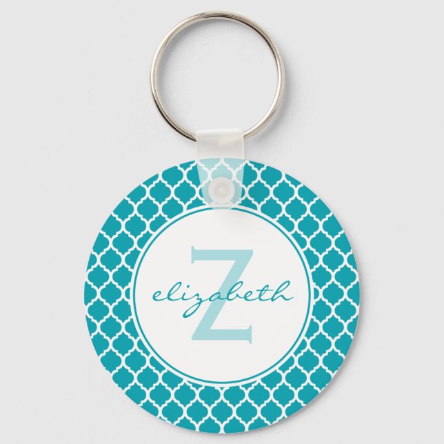 Aqua Quatrefoil Monogram Keychain (Front)