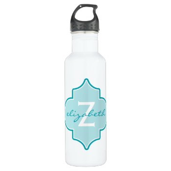 Aqua Quatrefoil Monogram Stainless Steel Water Bottle by snowfinch at Zazzle