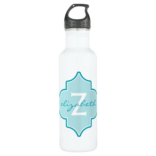 Aqua Quatrefoil Monogram Stainless Steel Water Bottle (Front)