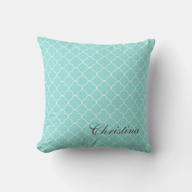 Aqua Quatrefoil Pattern Monogram Pillow (Front)