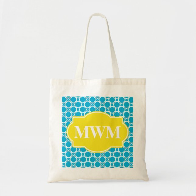 Aqua Quatrefoil Personalized Monogram Tote Bag (Front)