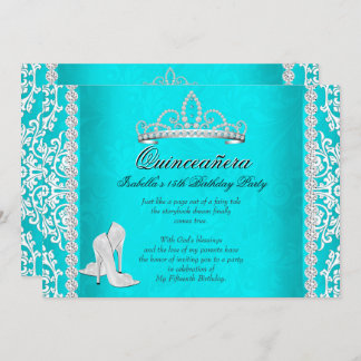 Aqua Quinceanera 15th Birthday Tiara High Heels Invitation