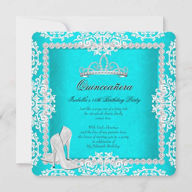 Aqua Quinceanera 15th Birthday Tiara High Heels Invitation (Front)