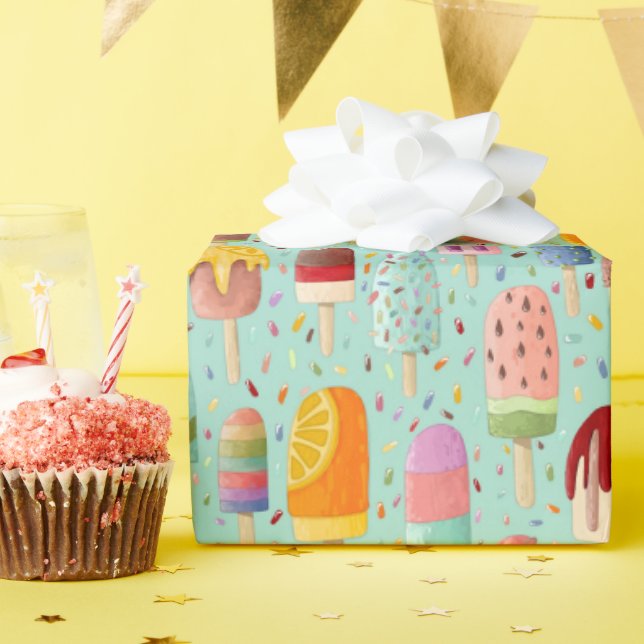 Aqua Rainbow Popsicles & Sprinkles Gift Wrap Roll (Birthday Party)