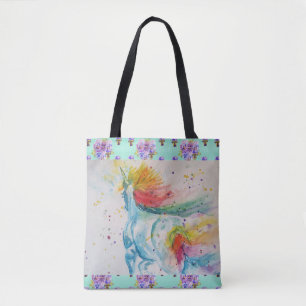Aqua Rainbow Unicorn Watercolor Grocery Tote Bag
