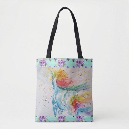 Aqua Rainbow Unicorn Watercolour Grocery Tote Bag