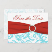 Aqua, Red, and White Damask Save the Date Postcard (Front/Back)