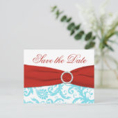 Aqua, Red, and White Damask Save the Date Postcard (Standing Front)