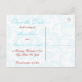 Aqua, Red, and White Damask Save the Date Postcard (Back)