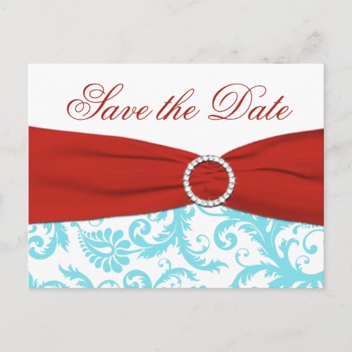 Aqua Red and White Damask Save the Date Postcard