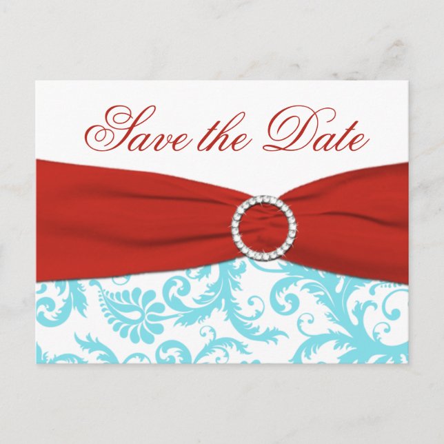 Aqua, Red, and White Damask Save the Date Postcard (Front)