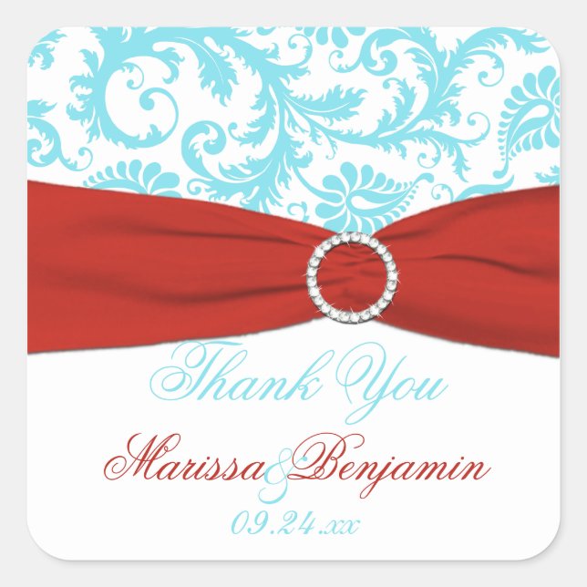 Aqua, Red, and White Damask Wedding Favor Sticker (Front)