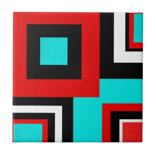 Aqua Red Black White Geometric Block Ceramic Tile