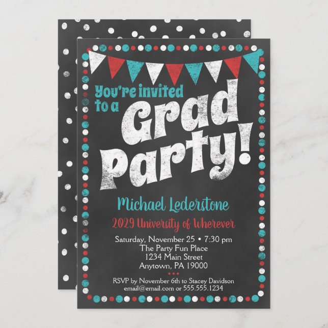 Aqua Red Chalkboard Graduation Party Invitation (Front/Back)