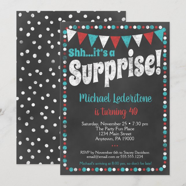 Aqua Red Chalkboard Surprise Invitation (Front/Back)
