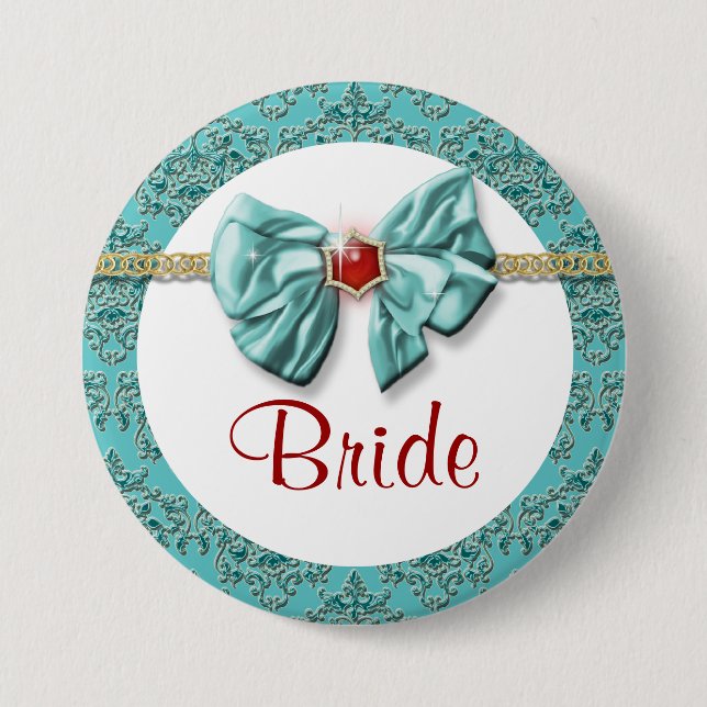 Aqua red gold damask "bridal buttons" pinback button (Front)