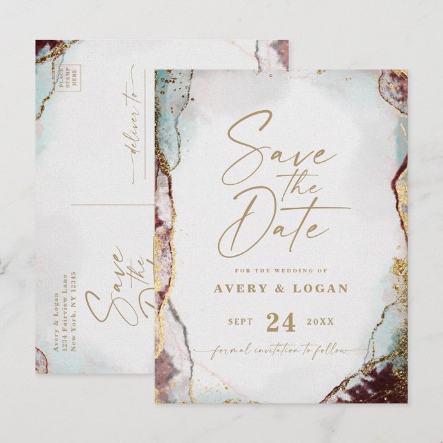 Aqua Red & Gold Winter Wedding Save The Date Announcement Postcard (Front/Back)