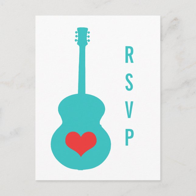 Aqua/Red Guitar Heart RSVP Postcard (Front)