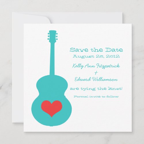 AquaRed Guitar Heart Save the Date Invite