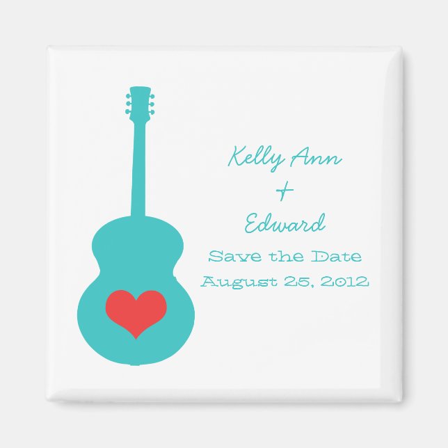 Aqua/Red Guitar Heart Save the Date Magnet (Front)