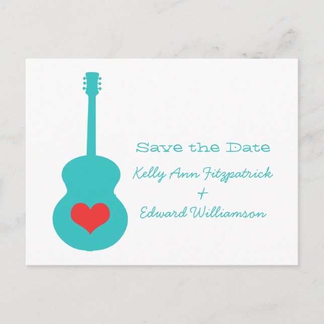 Aqua/Red Guitar Heart Save the Date Postcard (Front)