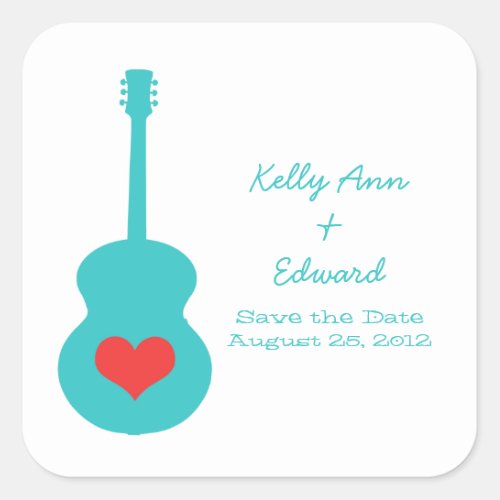AquaRed Guitar Heart Save the Date Stickers