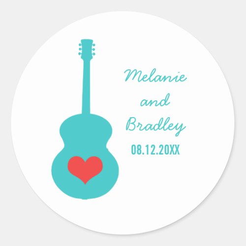 AquaRed Guitar Heart Wedding Stickers