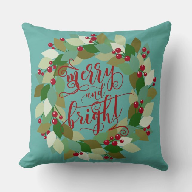 Aqua & Red | Merry & Bright | Holiday Wreath Throw Pillow (Front)