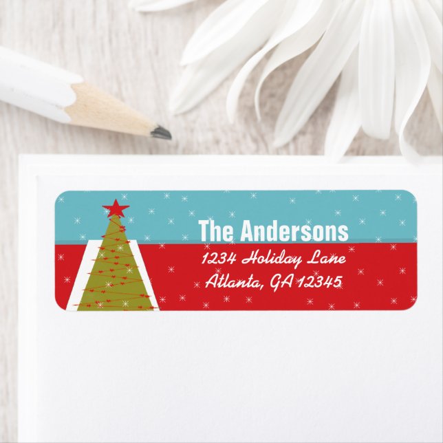 Aqua & Red Retro Christmas Tree Return Address Label (Insitu)