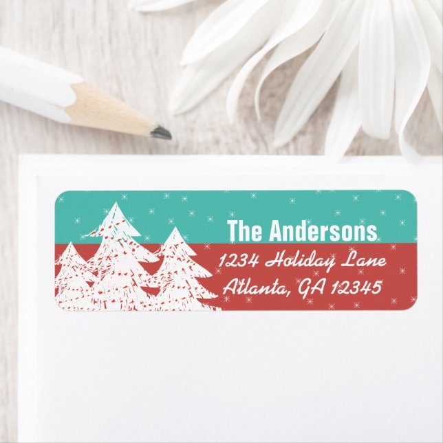 Aqua Red Retro Christmas Tree Return Address Label (Insitu)