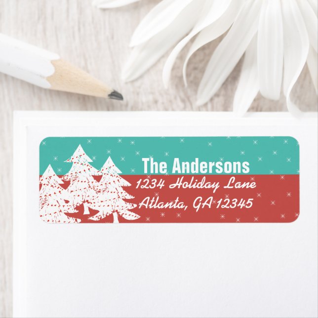 Aqua Red Retro Christmas Tree Return Address Label (Insitu)
