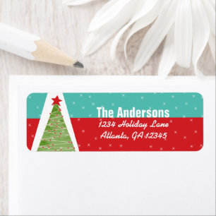 Aqua Red Retro Green Christmas Tree Return Address Label