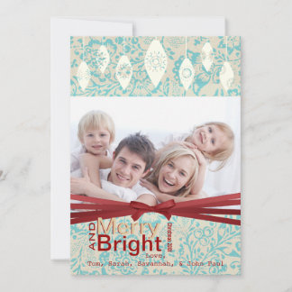 Aqua Red Retro Merry and Bright Family Photo Card