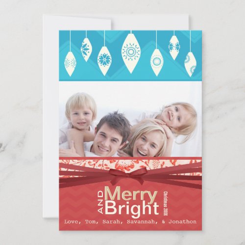 Aqua Red Retro Merry and Bright Family Photo Card
