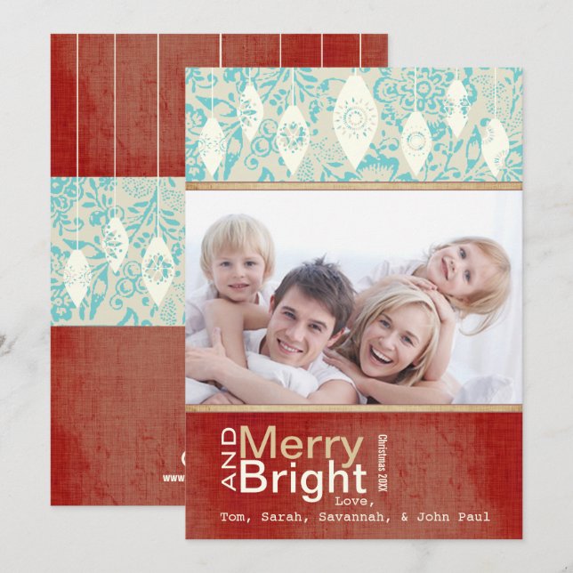 Aqua Red Retro Merry and Bright Family Photo Card (Front/Back)