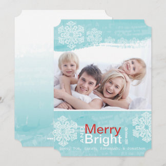 Aqua Red Snowflake Merry Bright Family Photo Card