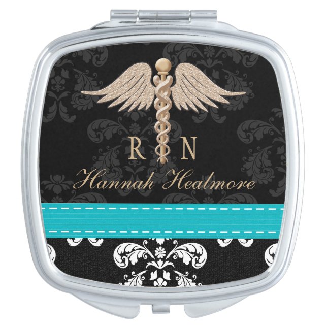 AQUA REGISTERED NURSE RN CADUCEUS COMPACT MIRROR (Front)