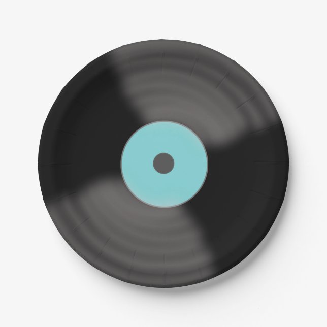 Aqua Retro Record Party Paper Plates (Front)