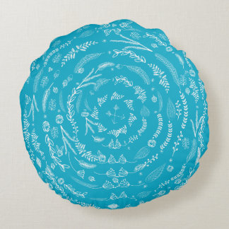 Aqua Reversible to Gray Floral Garland Pattern Round Pillow