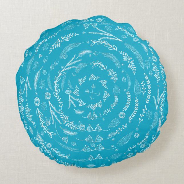 Aqua Reversible to Gray Floral Garland Pattern Round Pillow (Back)