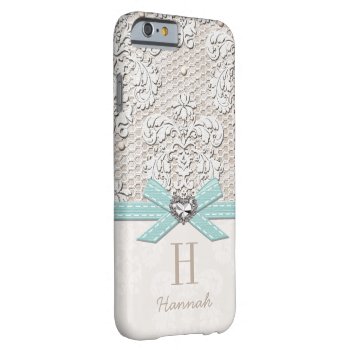 Aqua Rhinestone Look Heart Printed Lace And Bow Barely There Iphone 6 Case by cutecases at Zazzle